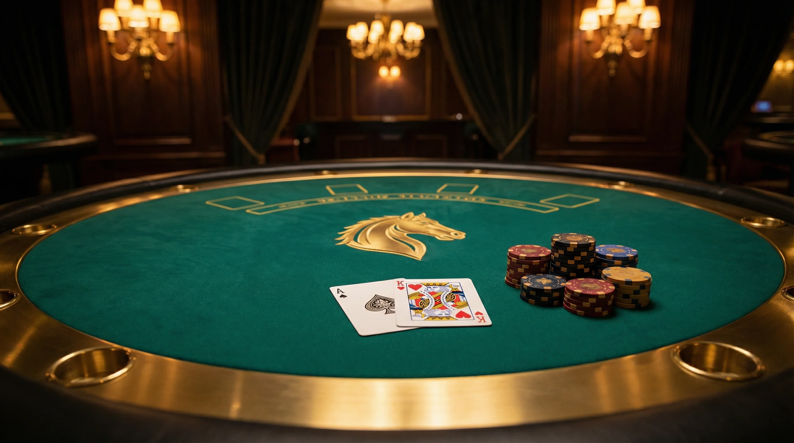 Mesa de blackjack elegante com cartas e fichas no maximabet